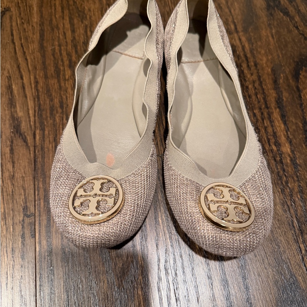 Tory Burch Tan Flats with Gold Emblem